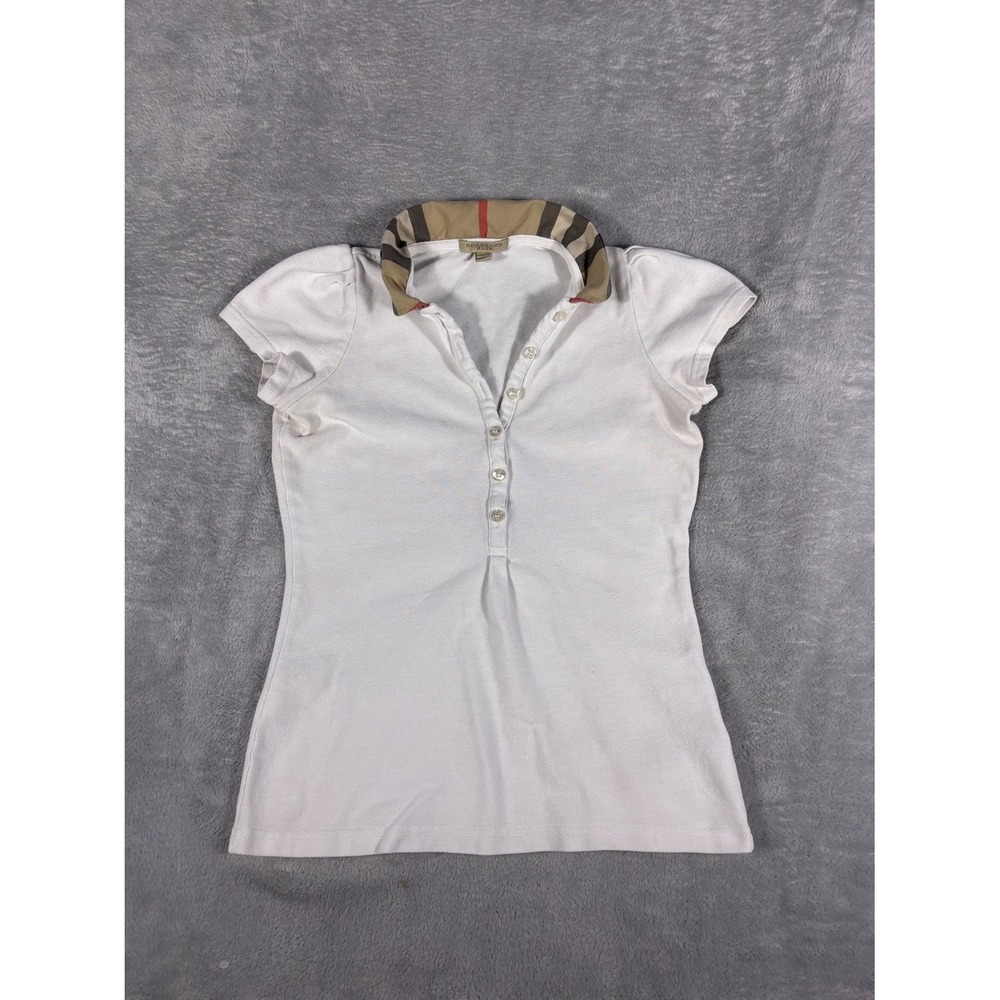 Burberry Brit Polo Shirt Womens S White Short Sleeve Check Collar